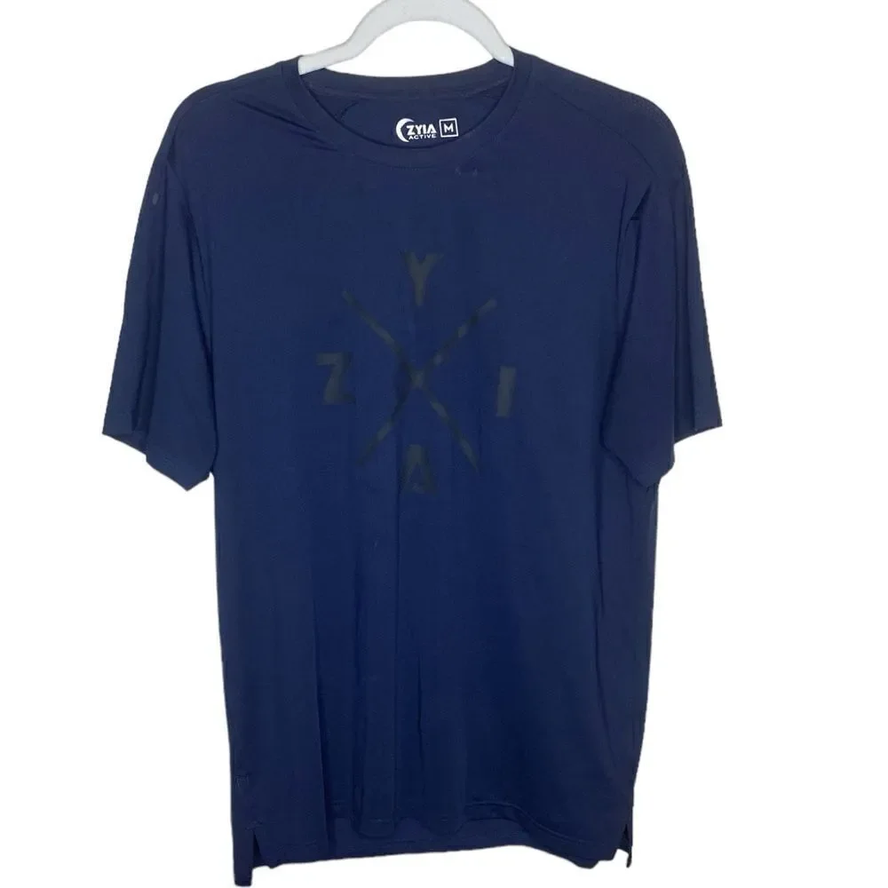 ZYIA Active Men’s Sz Med Navy Blue Gray Design Short Sleeve Tee Shirt
